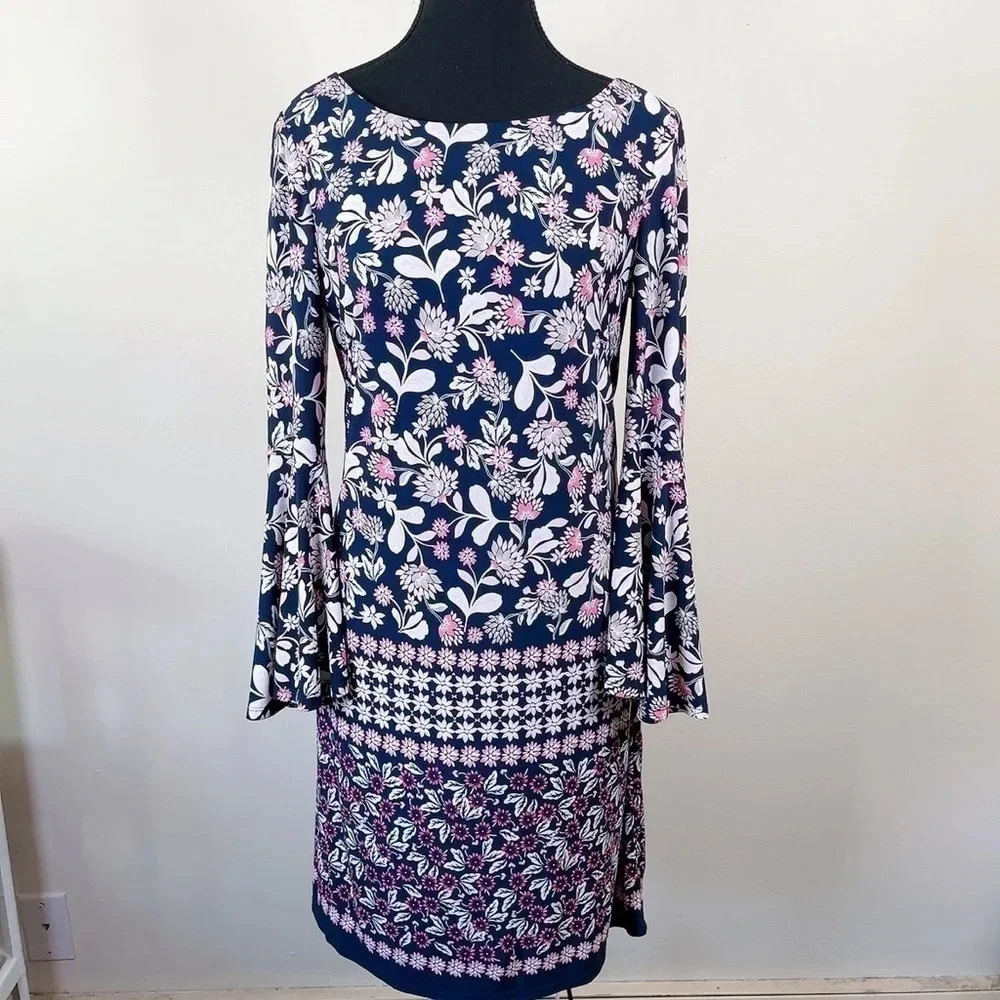 Eliza J Boat Neck Bell Sleeve Floral Navy Shift Dress